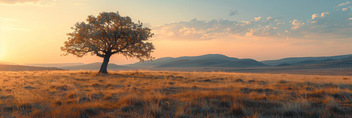 A lone tree stands tall in a vast field with towering mountains in the background. The tree stands...