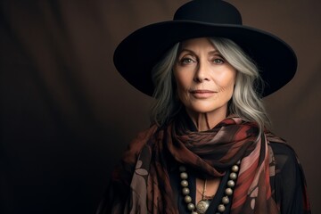 Portrait of a beautiful senior woman in hat and scarf. Studio shot.