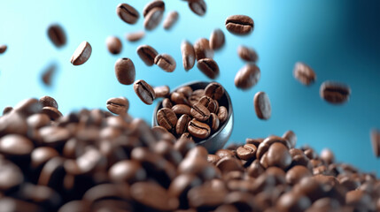 Many roasted coffee beans flying in the air