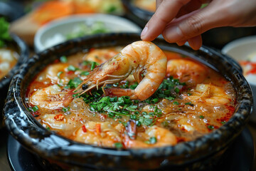 A hand grabbing a soup shrimp from a plate on the table, food culinary