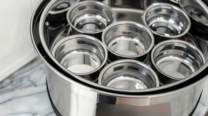 A view of the stainless steel inner pot designed to hold up to six individual serving jars for making perfectly portioned yogurts.
