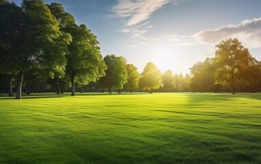 beautiful morning light in public park with green grass field