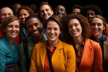 Multi ethnic people of different age looking at camera.  Large group of multiracial business people posing and smiling.
