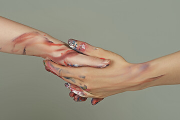 Painted hands. Reach hand. Sensual touch fingers. Two hands trying to touch. Male and female hands...