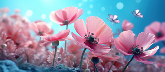 Beautiful pink flowers anemones fresh spring morning on nature and flying blue butterfly on soft...