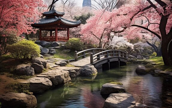 spring Japanese garden and cherry blossoms