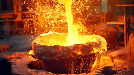 Liquid iron molten metal pouring in container - obrazy, fototapety, plakaty