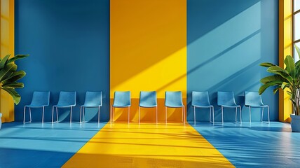 Dynamic waiting area with blue chairs and contrasting yellow accent wall design