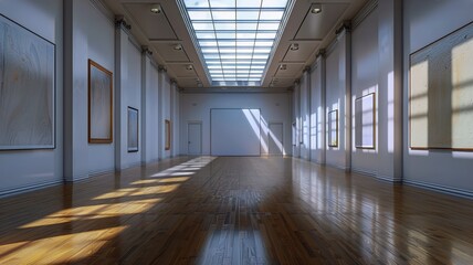 Well-lit exhibition space with polished floors and minimalist art display