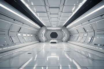 Empty space inside futuristic room, showroom, spaceship, hall or studio in perspective view. Include ceiling, hidden light, white floor. Modern background design of future, Generative AI