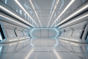 Empty space inside futuristic room, showroom, spaceship, hall or studio in perspective view. Include ceiling, hidden light, white floor. Modern background design of future, Generative AI