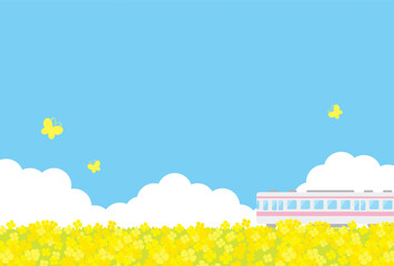 vector background with a train and canola flower field on sky for banners, cards, flyers, social media wallpapers, etc.