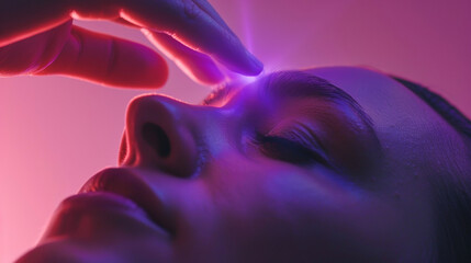 A hand gently hovering over a persons forehead channeling healing energy to the third eye chakra.