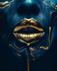 Contemporary abstract art. Juicy female lips in the center of the frame. Dark paint with liquid gold flows from the face. Close-up - obrazy, fototapety, plakaty