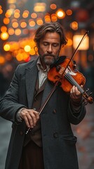 Fototapeta premium a handsome caucasian man playing an epic orchestral violin against a sunset background city street