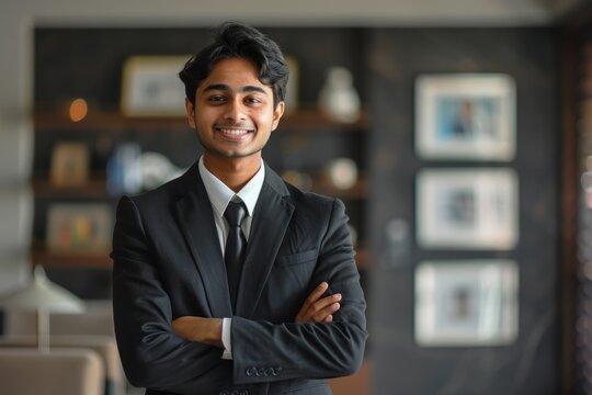 Happy and smiling Indian business leaders, young professional business managers and executives look confidently into the distance and stand in their offices