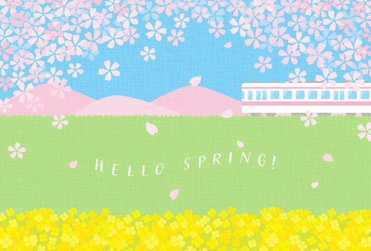 spring vector background with a train with cherry blossoms and canola flowers for banners, cards, flyers, social media wallpapers, etc.