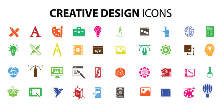 Colorful icons in a modern style flat, Creative Process. Graphic design, creative package, stationary, software and more. Vector illustration.