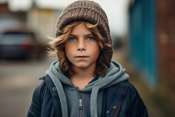 Portrait of a cute little boy in a hat and coat on the street