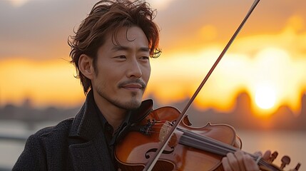 Fototapeta premium a handsome asian man playing an epic orchestral violin against a sunset background city street
