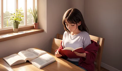 Fotobehang 座って本を読んでリラックスした少女、３Dイラスト｜Girl sitting and reading a book and relaxing, 3D illustration. © happy Wu 