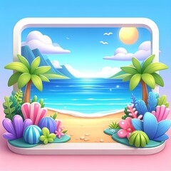 Fototapeta na wymiar Illustration in 3D style of a beach landscape view with a frame, palms, and plants – Minimalistic tropical scenery for summer or vacation themes