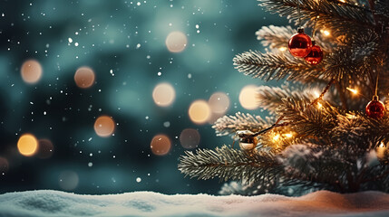 Christmas tree with festive bokeh lights, Christmas and New Year holiday background