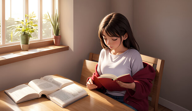 座って本を読んでリラックスした少女、３Dイラスト｜Girl sitting and reading a book and relaxing, 3D illustration.