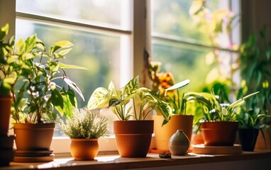 Houseplants on the windowsill in the sun