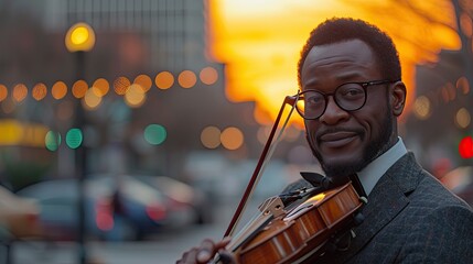 a handsome african man playing an epic orchestral violin against a sunset background city street - obrazy, fototapety, plakaty