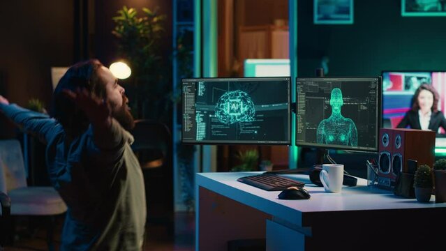Programmer creating sentient AI, bowing in adulation to new overlord. Crazy computer scientist doing worshiping reverence in front of self aware artificial intelligence, camera A