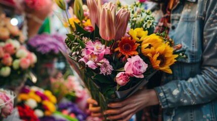 hands holding a bouquet of flowers, in a flower shop generative ai