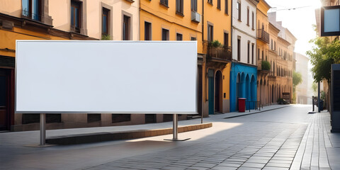 Blank white horizontal billboard in the street. Mockup advertising board, digital display, showcase with urban background