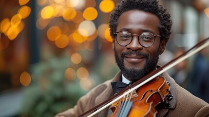 a handsome african man playing an epic orchestral violin against a sunset background city street