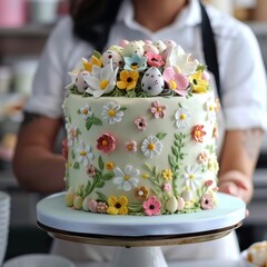 In the Heart of Spring: A Talented Female Chef Meticulously Decorates a Vibrant Easter-Themed Cake with Precision and Love