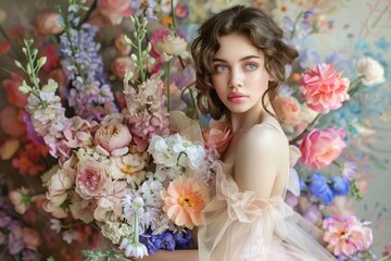 Easter Elegance: A Graceful Lady Clad in a Pastel Dress, Embracing the Essence of Spring with a Vibrant Bouquet Against a Floral Backdrop