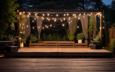  Evening Wooden Stage In The Garden With Lights For A Party Or Wedding © munja02