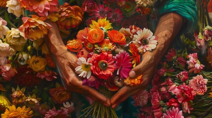 hands holding a bouquet of flowers, in a flower shop generative ai