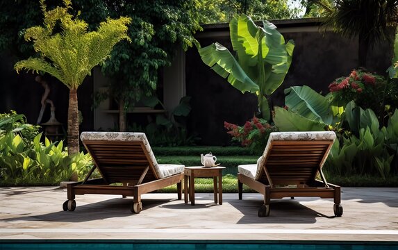 Lounge chairs beside the swimming pool in the residential garden. at noon 