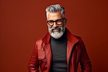 Portrait of a stylish senior man in red leather jacket and glasses.