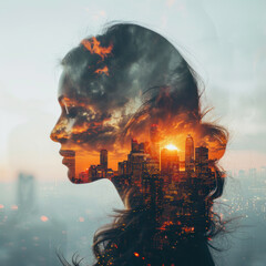 Silhouette woman with double exposure of burning cityscape