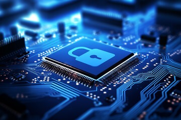 internet security, padlock on circuit board, cybersecurity concept