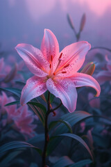 Fototapeta premium Pink lily flower in the mist and fog, vertical background