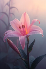 Pink lily flower in the mist and fog, vertical background