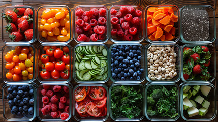Healthy vegetarian food options including a variety of fruits and herbs neatly organized in clear...