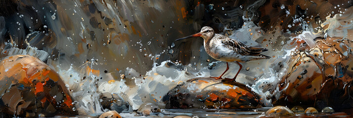 Bar tailed Godwit Wading in Coastal Wate,
Flying seagulls in Florida
 - obrazy, fototapety, plakaty