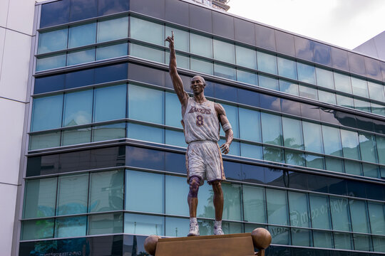 A bronze statue of the LA Lakers basketball player Kobe Bryant in front of Crypto.com Arena in Los Angeles California USA
