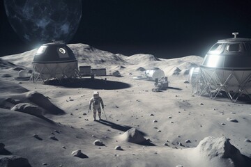 Expedition to moon, base on moon, astronauts equipment