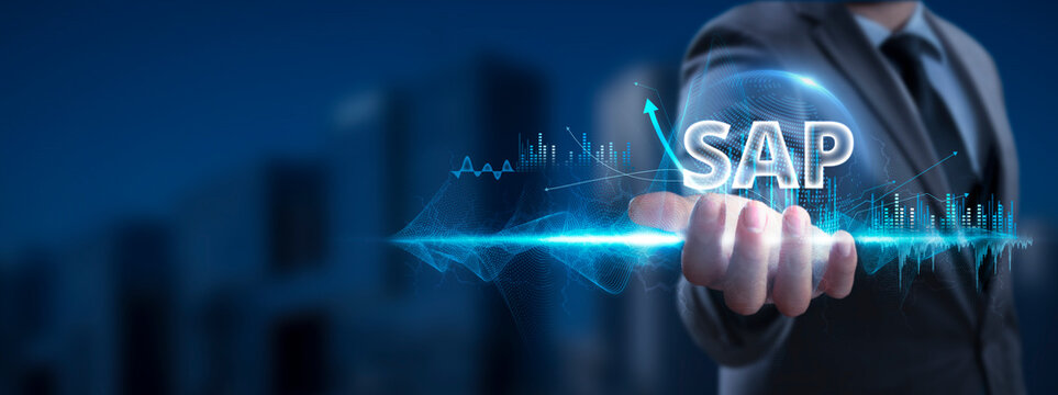 SAP. Businessman Holding SAP Icon and Global Network with Analyzing Technological Data, Enterprise Resource Planning, Network Connection on Interface Background. ERP, Efficient Business Solutions.