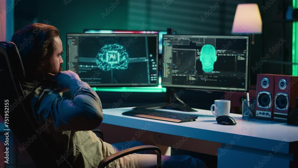 Poster sentient artificial intelligence with own autonomy talking with creator, asking existential question